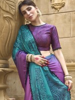 Purple And Teal Blue Gajji Silk Saree